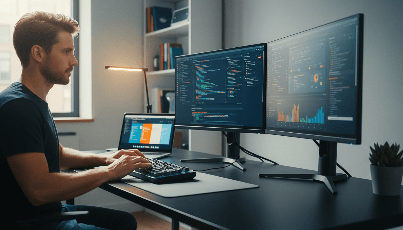 Developer working at modern desk with dual monitors displaying code