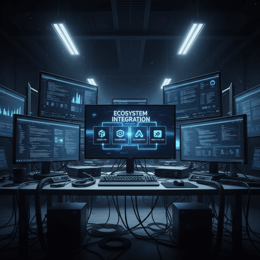 Multi-monitor development setup showing integrated software ecosystem