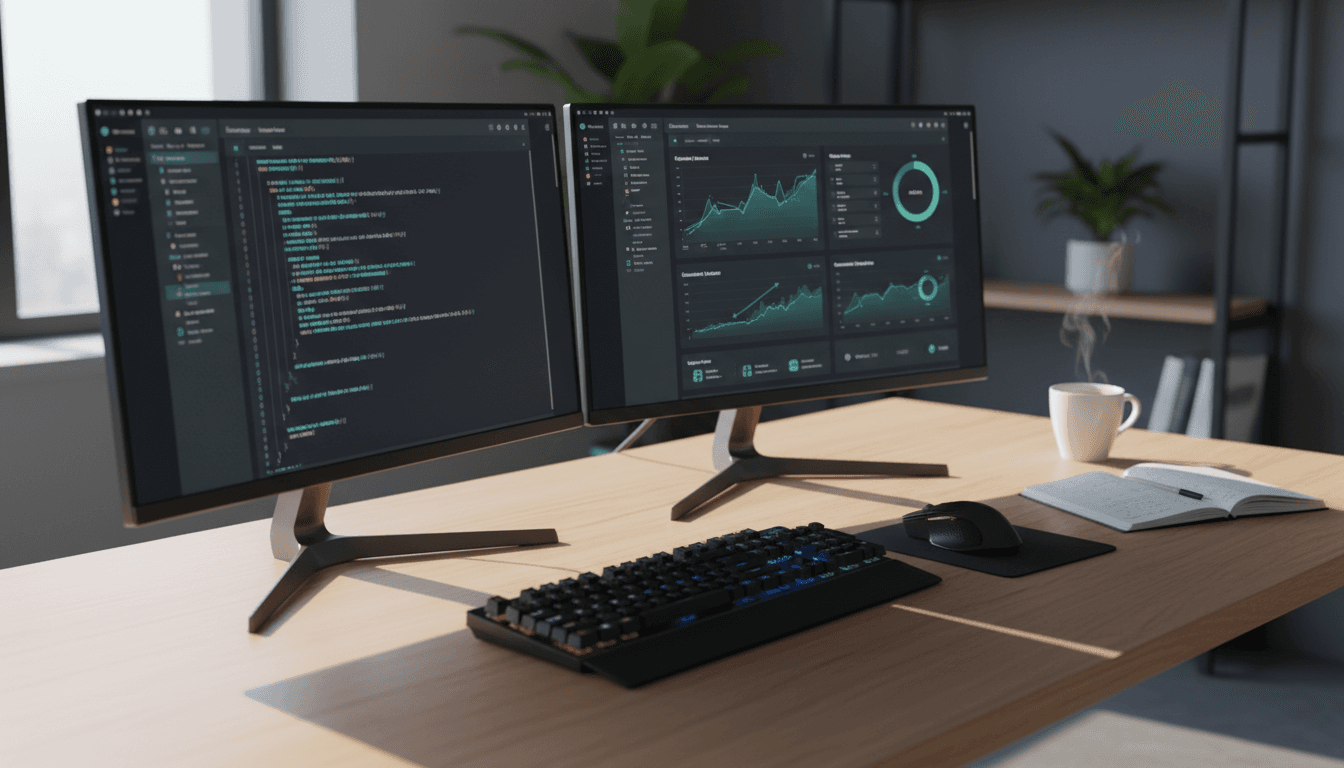Developer workspace with dual monitors displaying code and dashboards