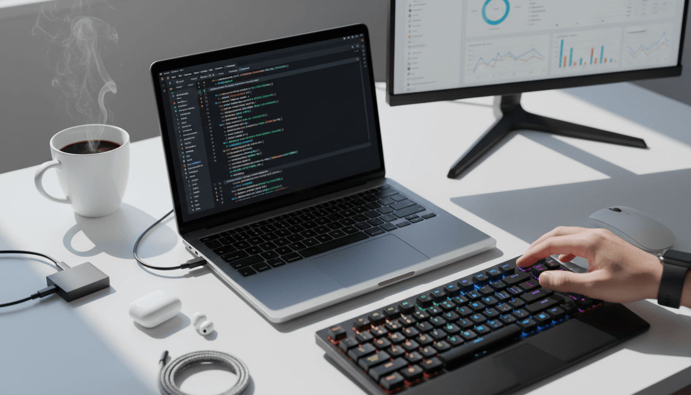 Developer workspace with laptop, code editor, and tech accessories