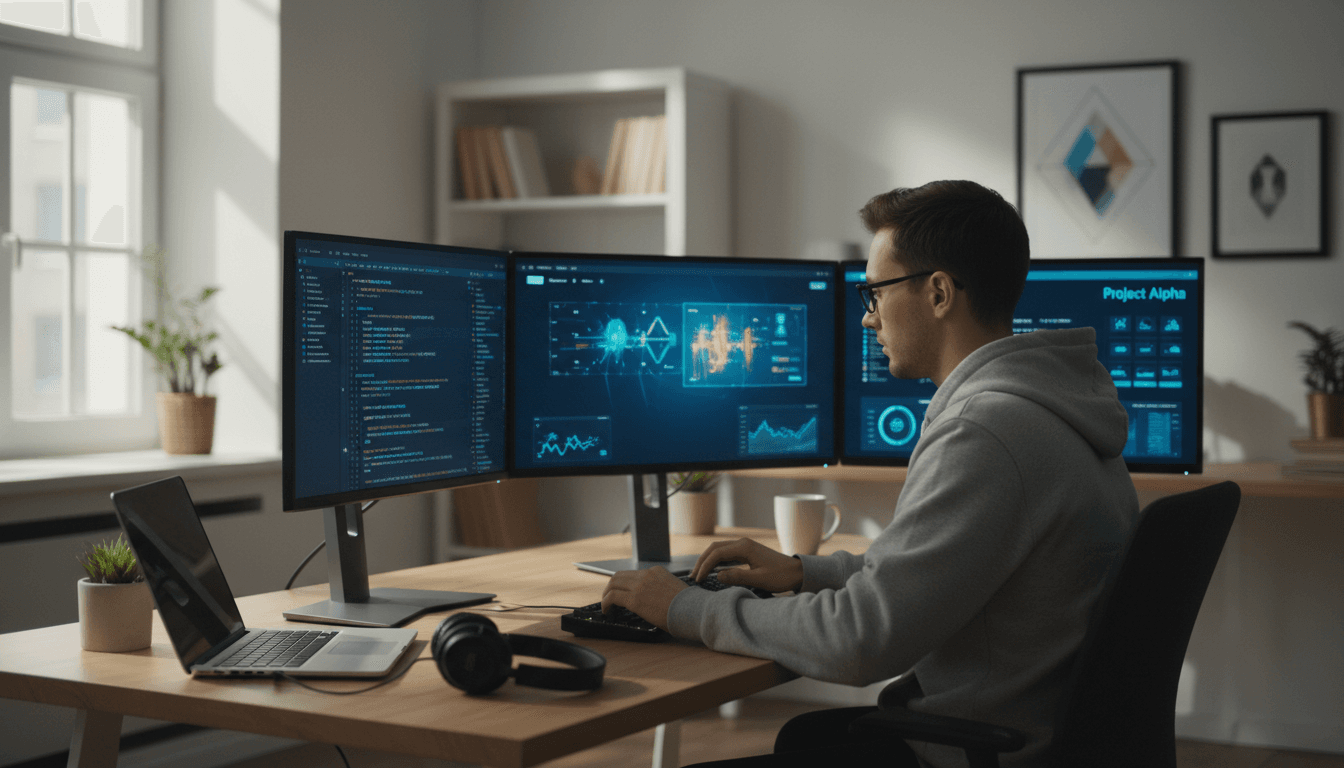 Developer working at desk with multiple monitors in natural daylight