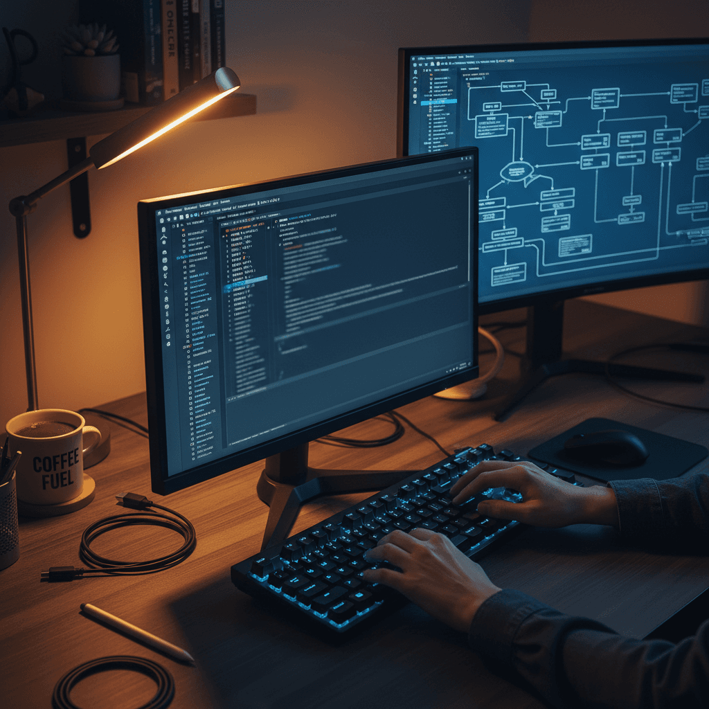 Developer working with code editor and plugin architecture displays